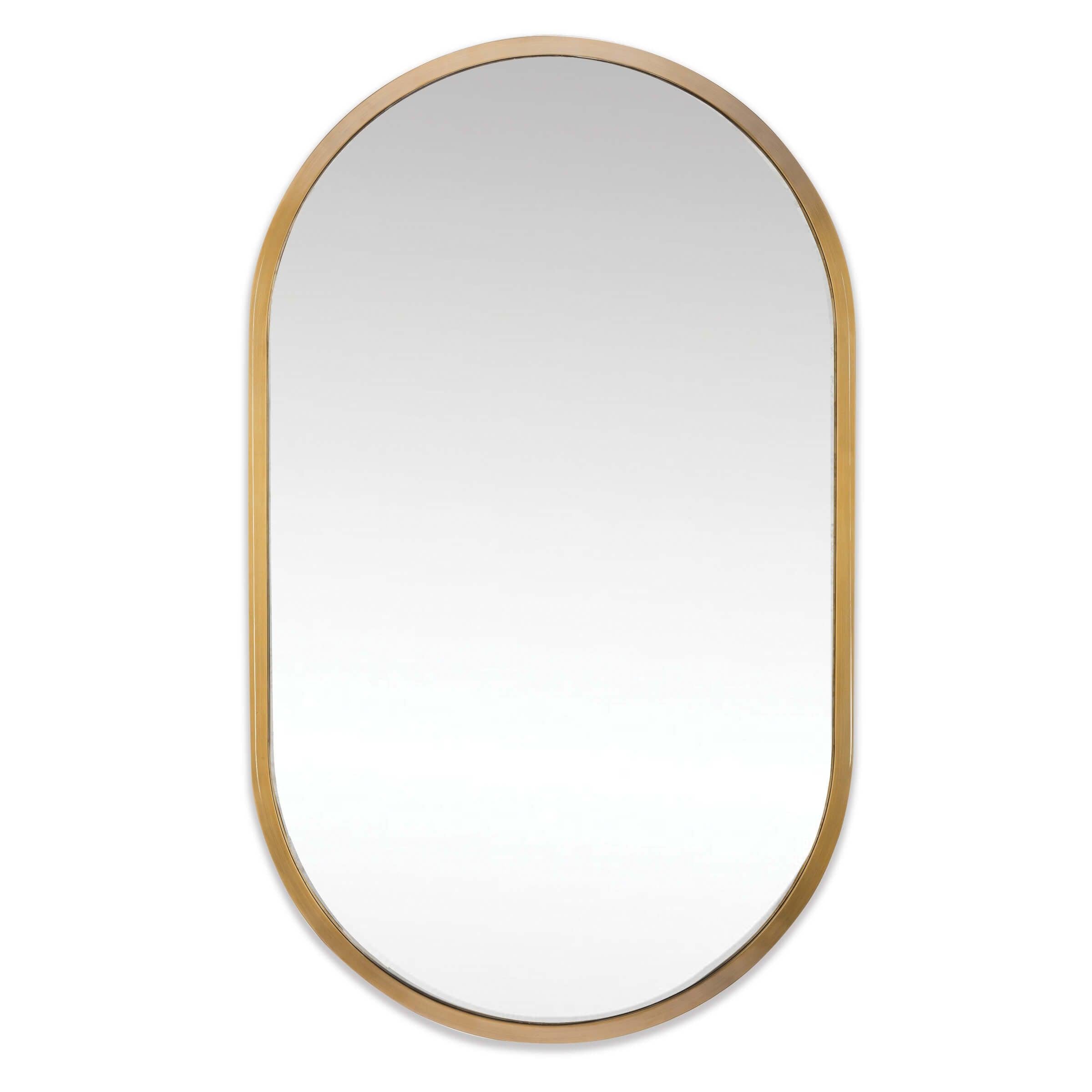 Canal Mirror in Natural Brass with an arched silhouette, showcasing its elegant design and stainless steel frame.