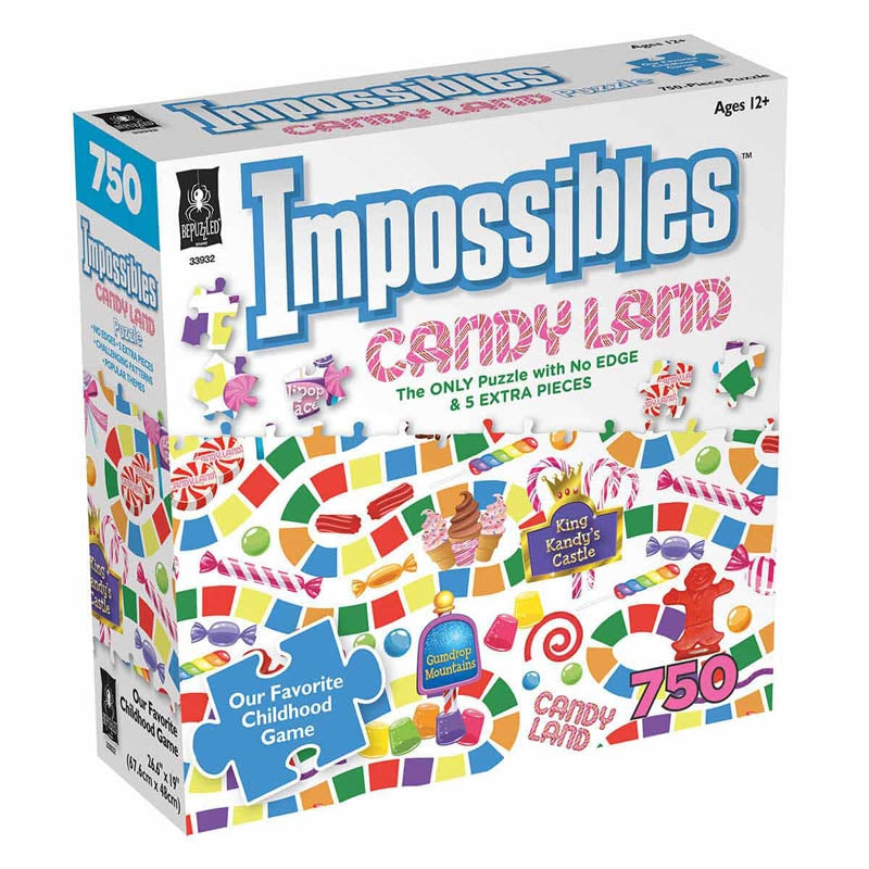 Candy Land Impossibles 750-piece puzzle featuring classic game brands with unique design challenges.