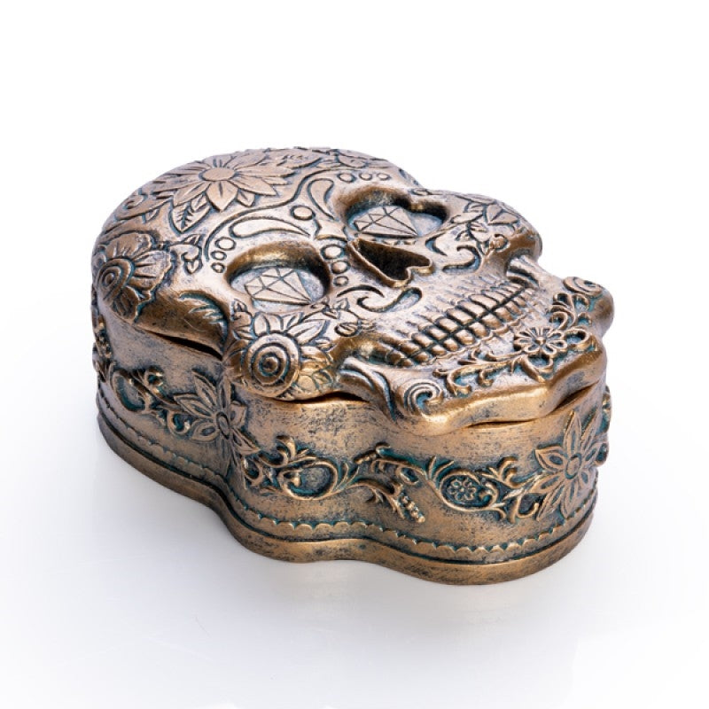 Candy Skull Trinket Box with antique gold finish and intricate details, made from sturdy polyresin.