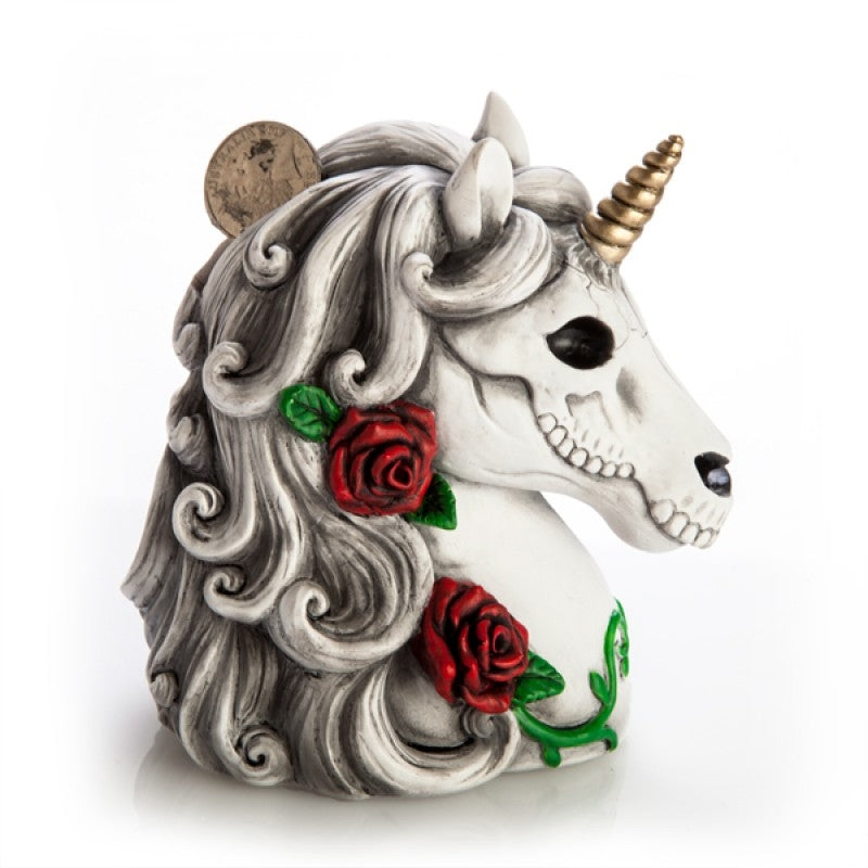 Colorful Candy Skull Unicorn Money Bank featuring intricate designs and whimsical elements, perfect for saving coins.