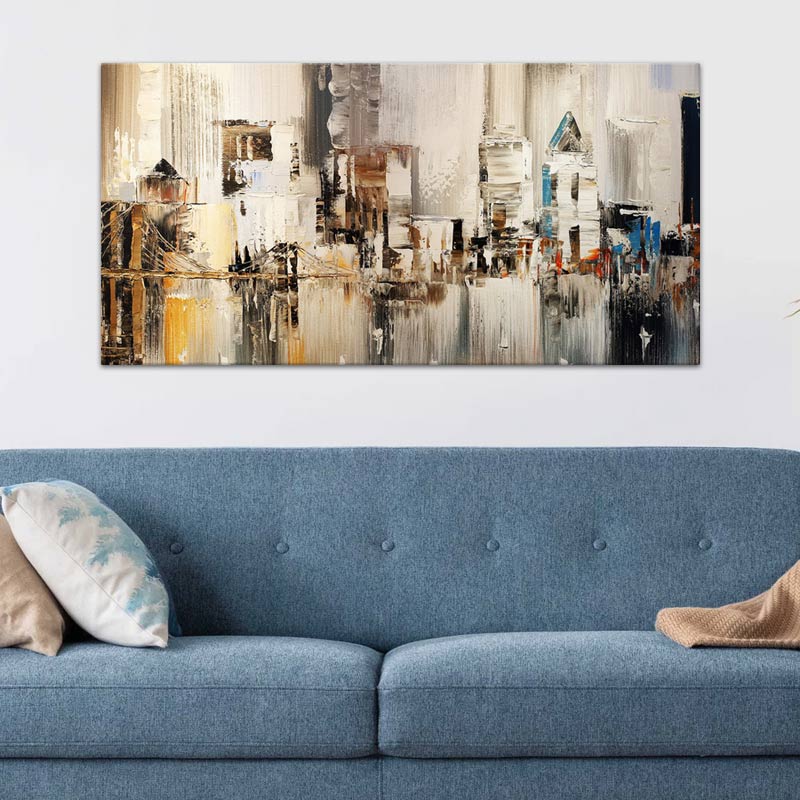 LIFE IN TOWN canvas painting, vibrant digital print on cotton, framed with durable pine wood, dimensions 140x70x3 cm.