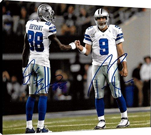 Canvas wall art featuring Dez Bryant and Tony Romo, showcasing vibrant colors and printed signatures.