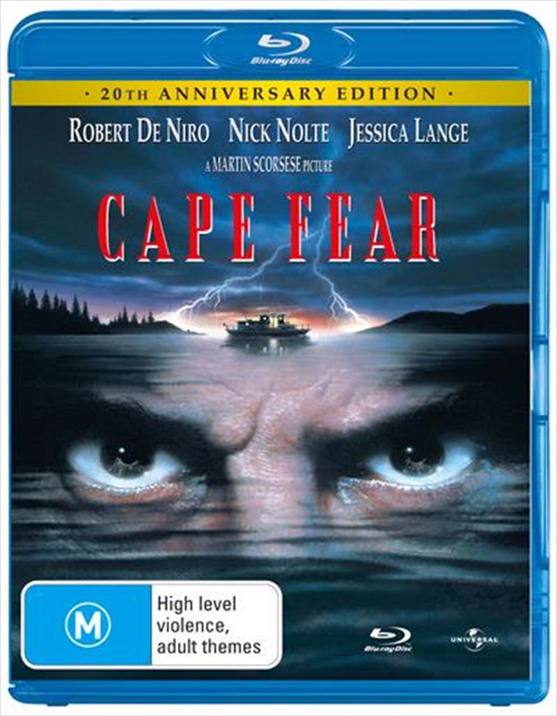 Cape Fear - 20th Anniversary Edition Blu-ray cover featuring Robert De Niro and Nick Nolte in a suspenseful scene.