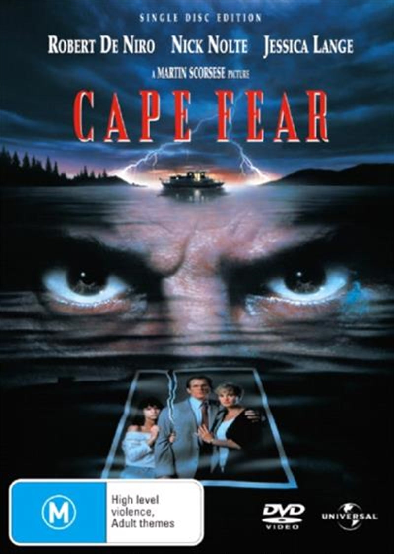 Cape Fear DVD cover featuring Robert De Niro and Nick Nolte in a suspenseful scene.