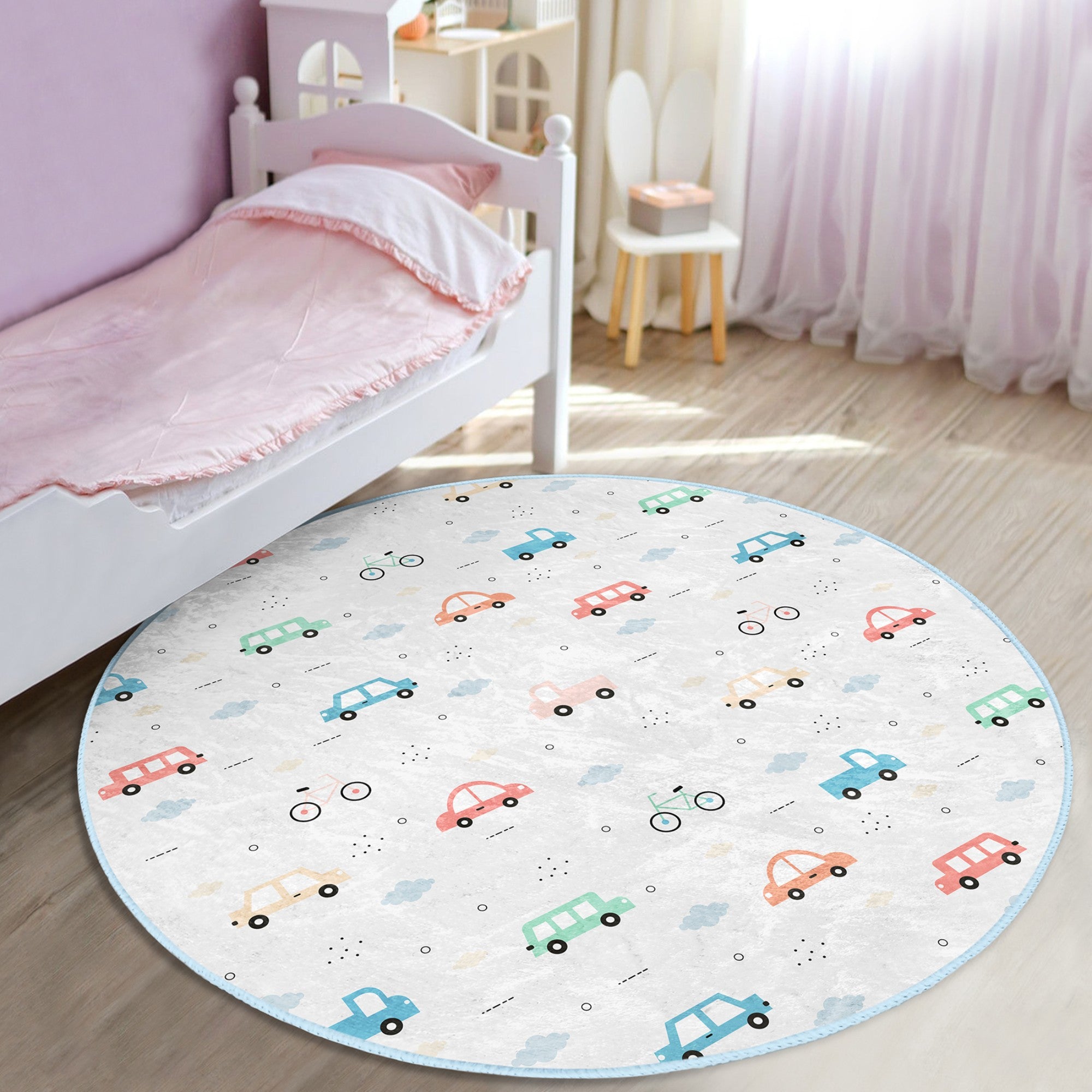 Colorful Car Adventure Kids' Washable Rug with non-slip backing, designed for children's rooms and play areas.