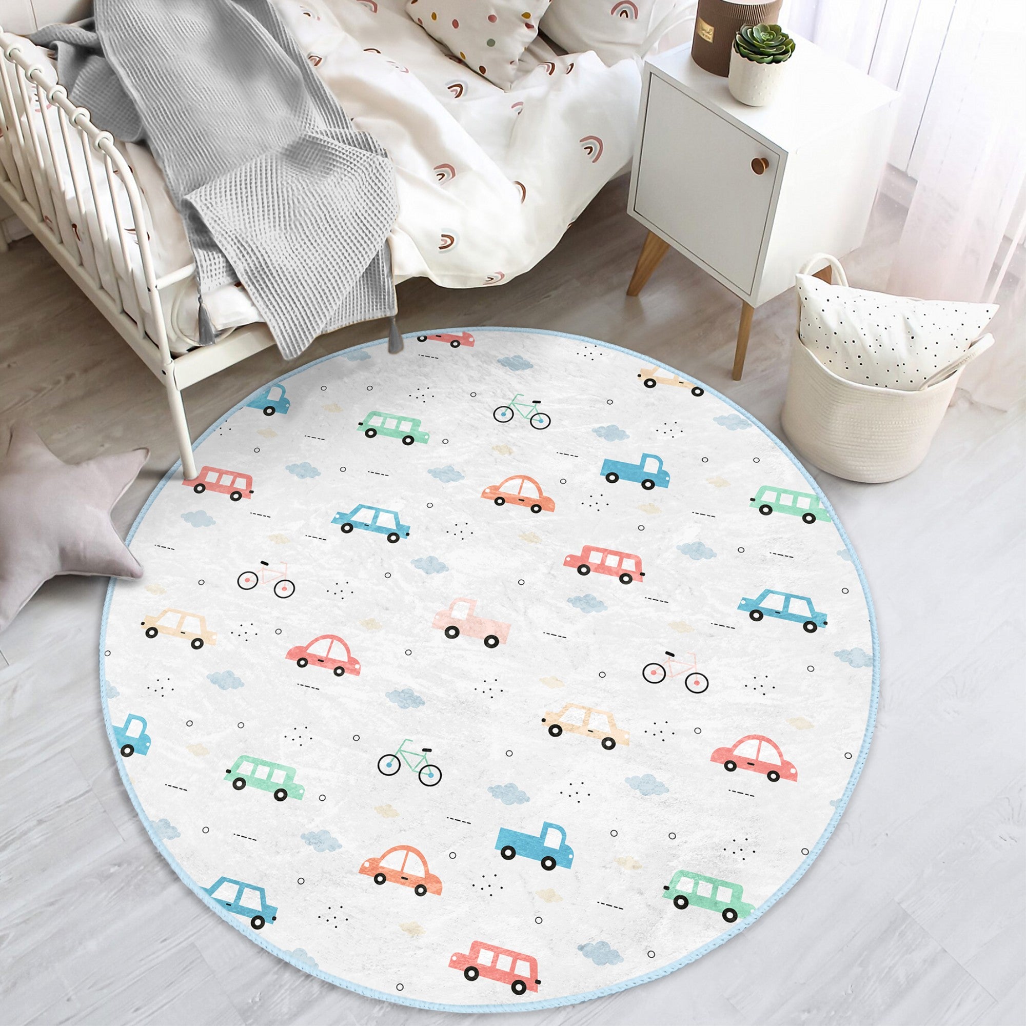 Colorful Car Adventure Kids' Washable Rug with non-slip backing, designed for children's rooms and play areas.