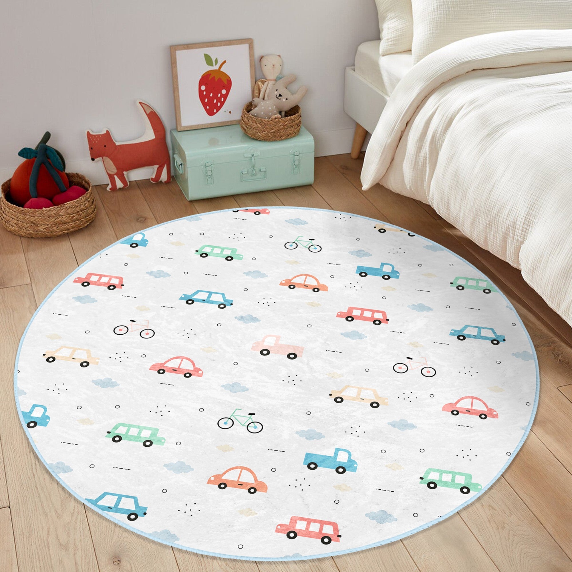 Colorful Car Adventure Kids' Washable Rug with non-slip backing, designed for children's rooms and play areas.