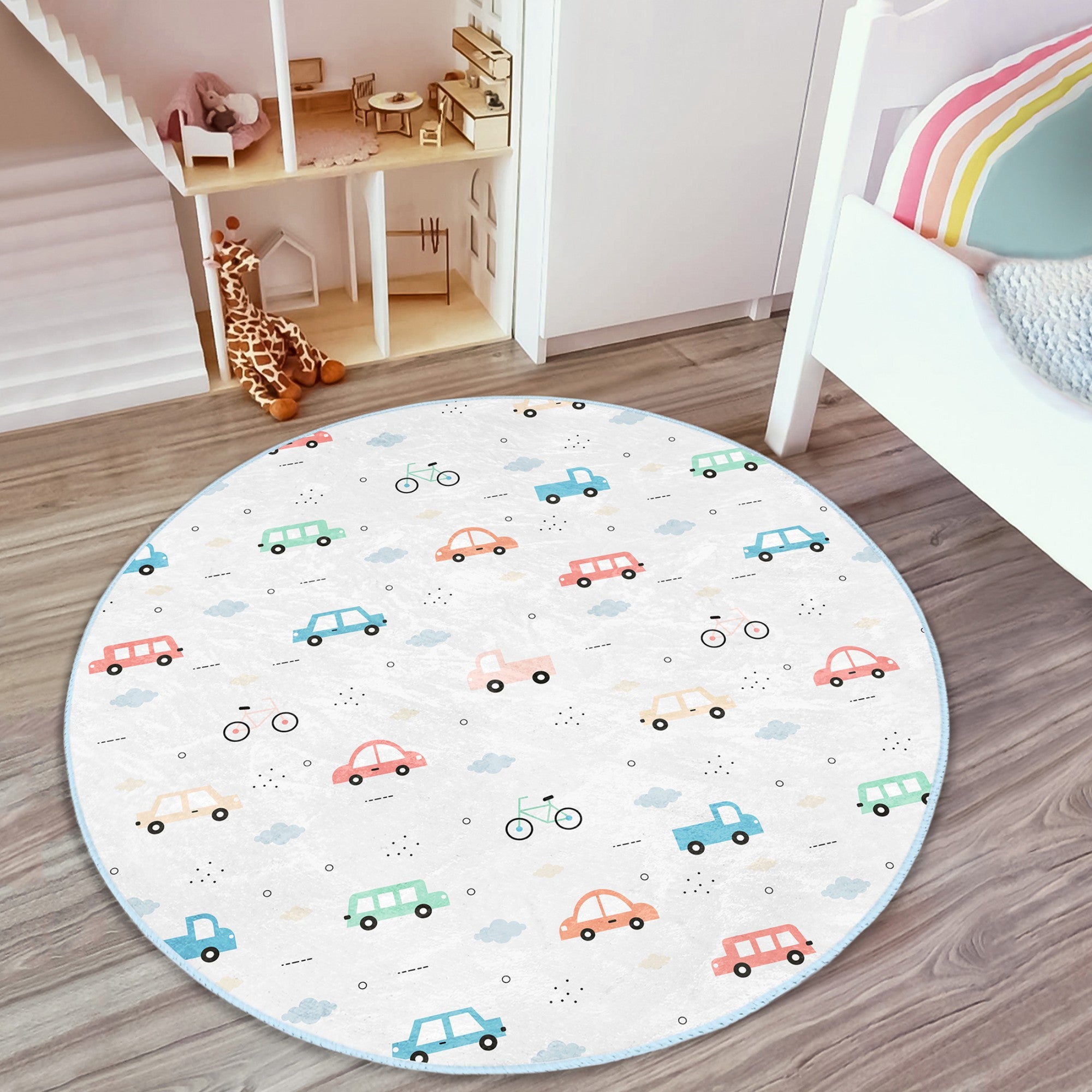 Colorful Car Adventure Kids' Washable Rug with non-slip backing, designed for children's rooms and play areas.