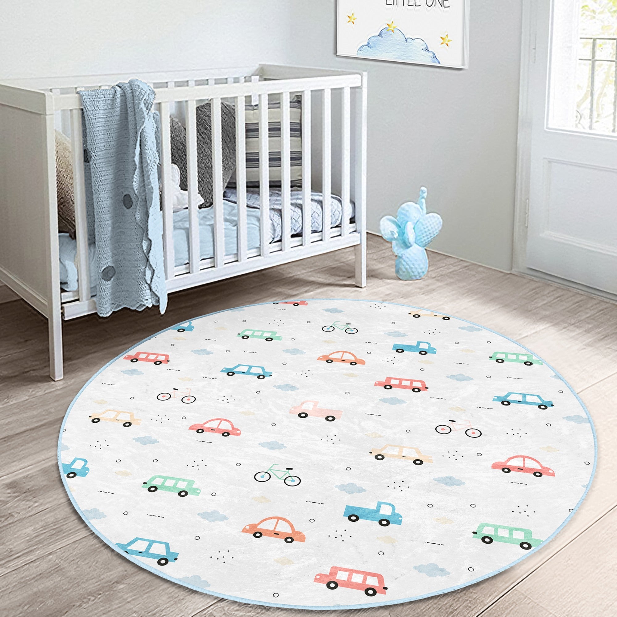 Colorful Car Adventure Kids' Washable Rug with non-slip backing, designed for children's rooms and play areas.