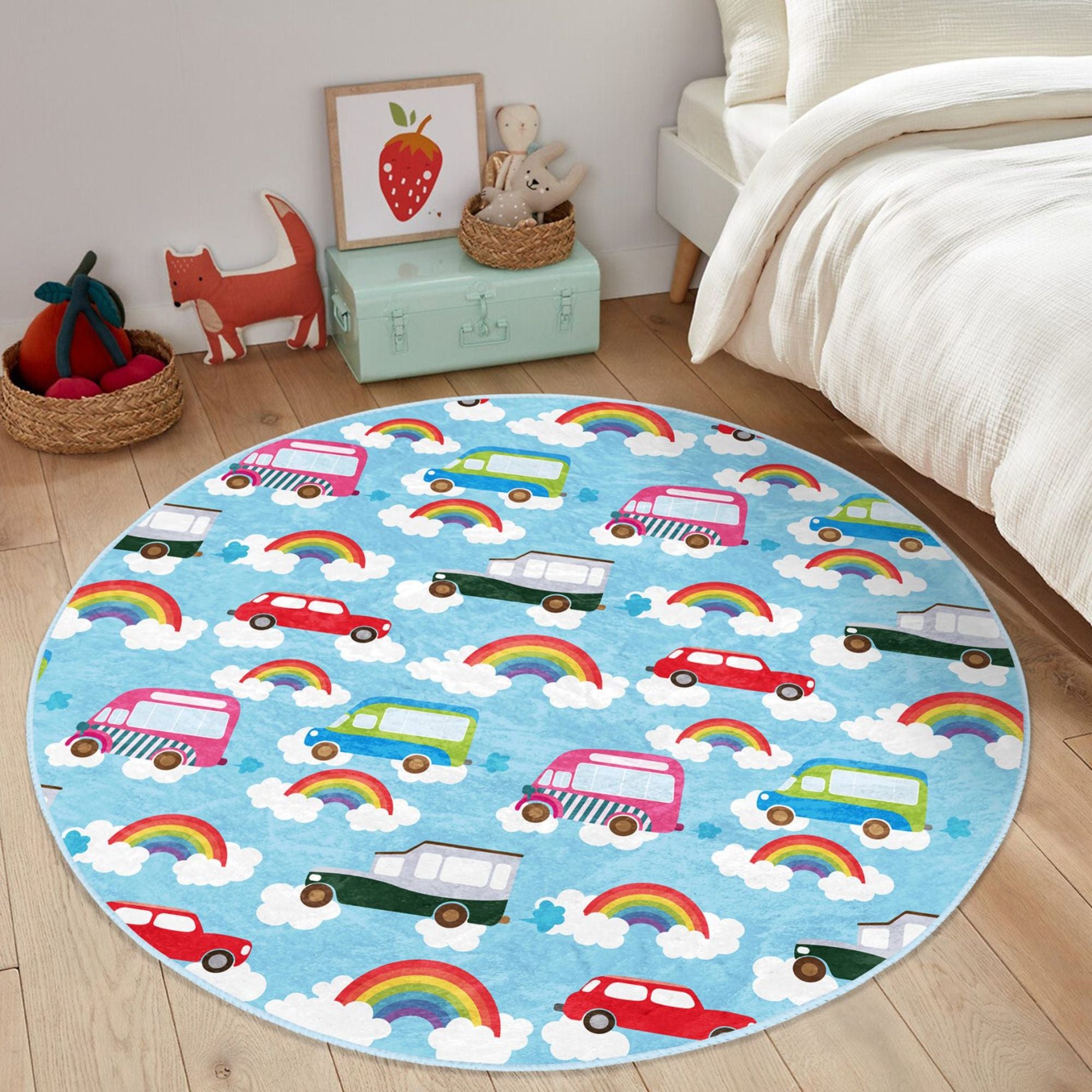 A vibrant blue round rug featuring colorful cars and rainbows, perfect for children's rooms, made from soft velvet fabric.