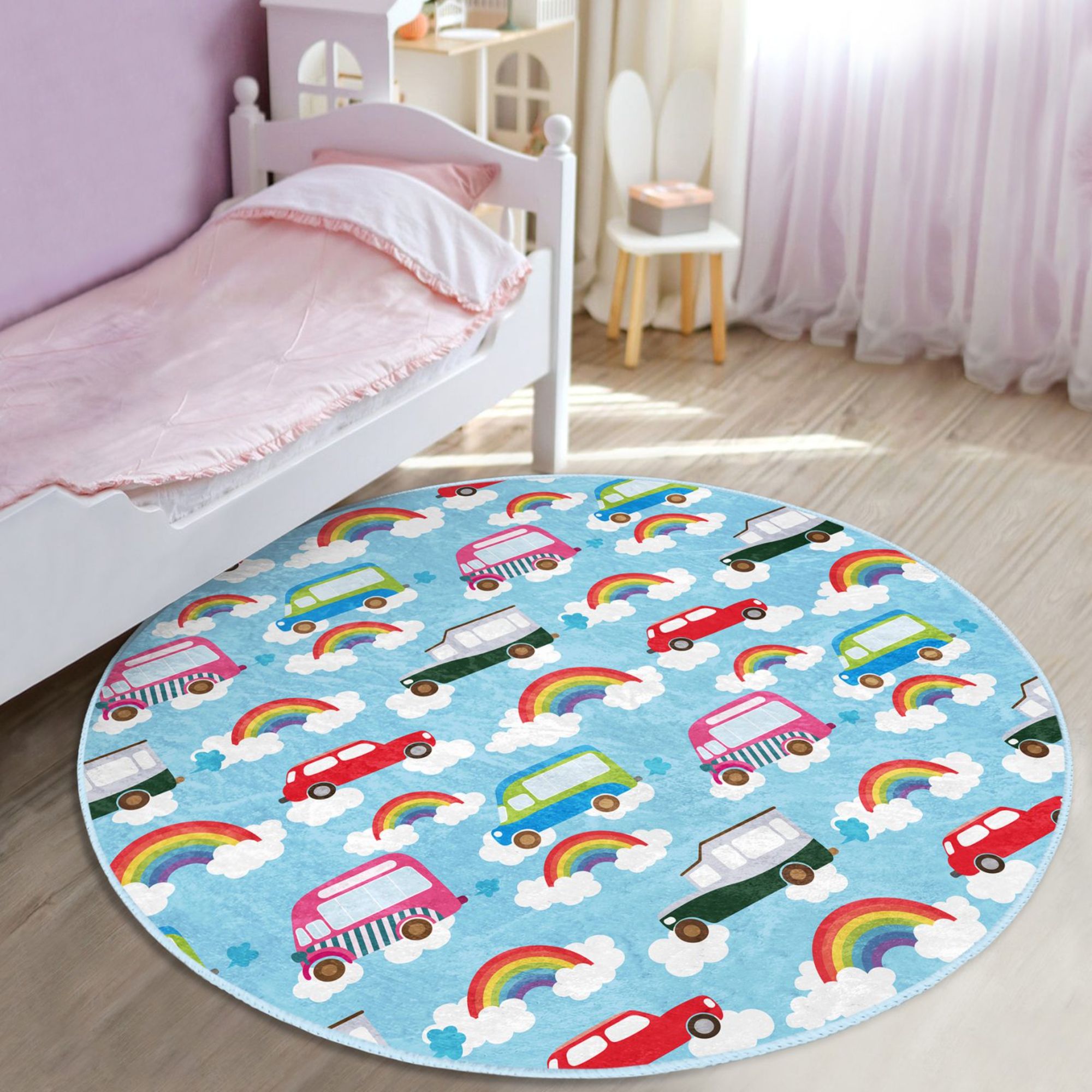 A vibrant blue round rug featuring colorful cars and rainbows, perfect for children's rooms, made from soft velvet fabric.