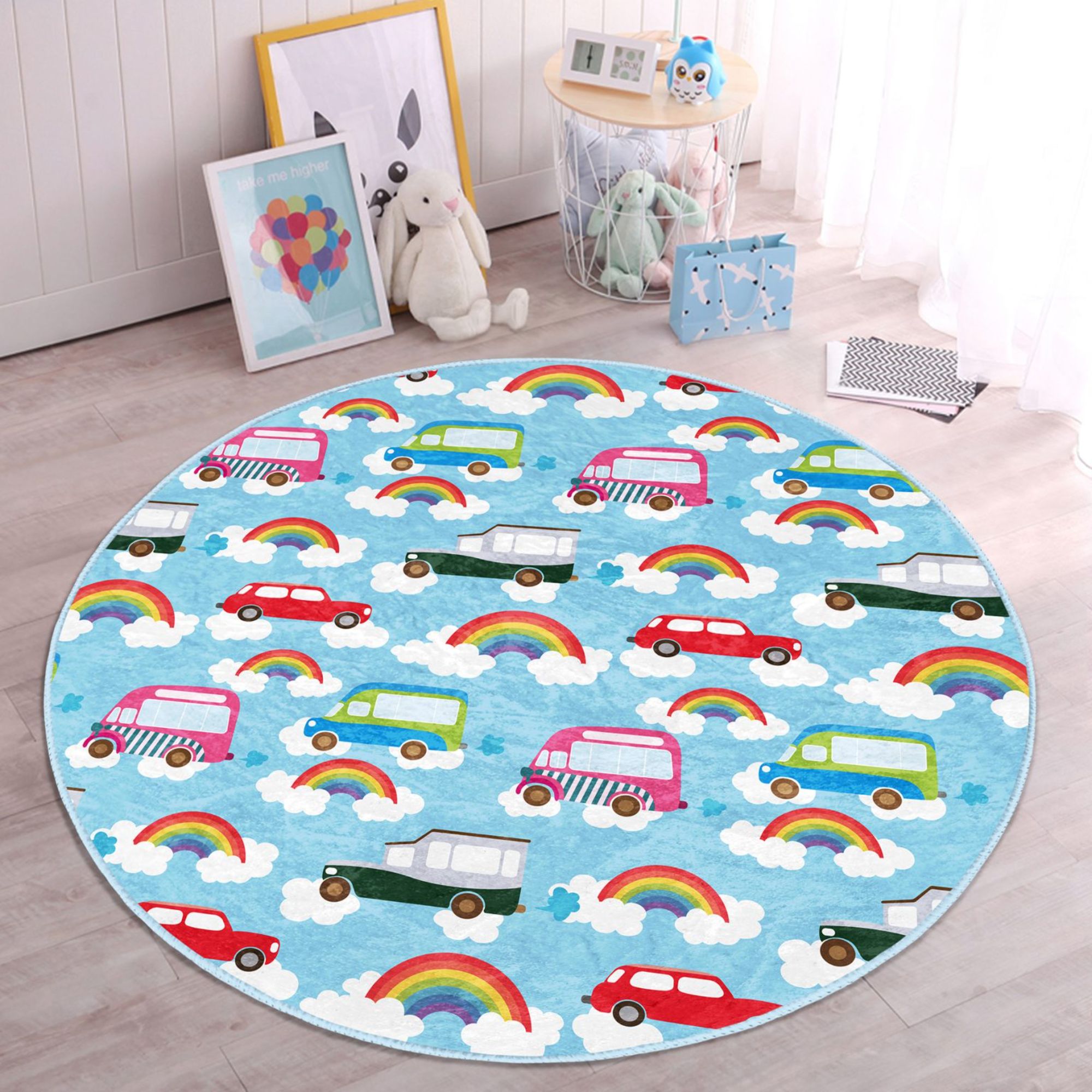 A vibrant blue round rug featuring colorful cars and rainbows, perfect for children's rooms, made from soft velvet fabric.