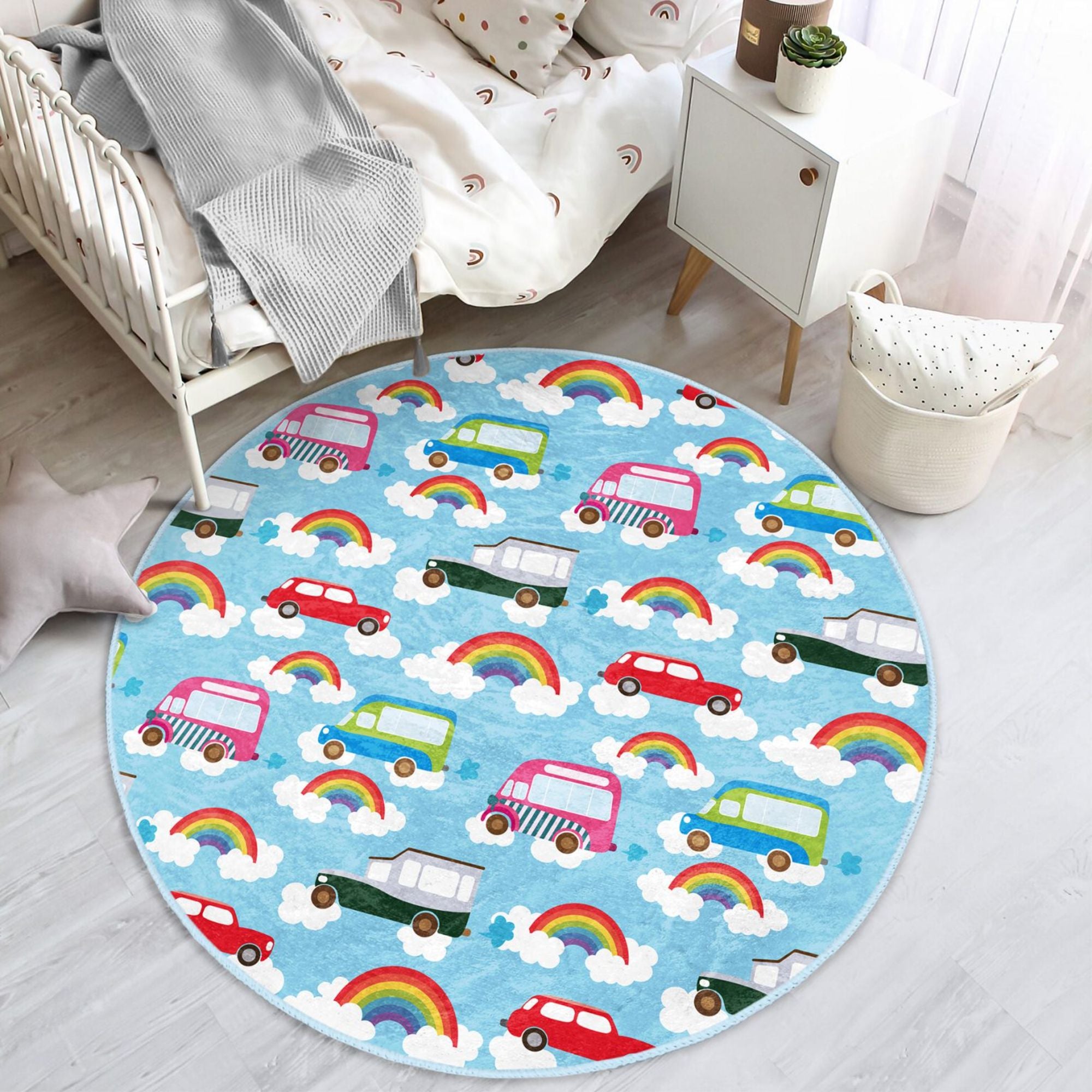 A vibrant blue round rug featuring colorful cars and rainbows, perfect for children's rooms, made from soft velvet fabric.