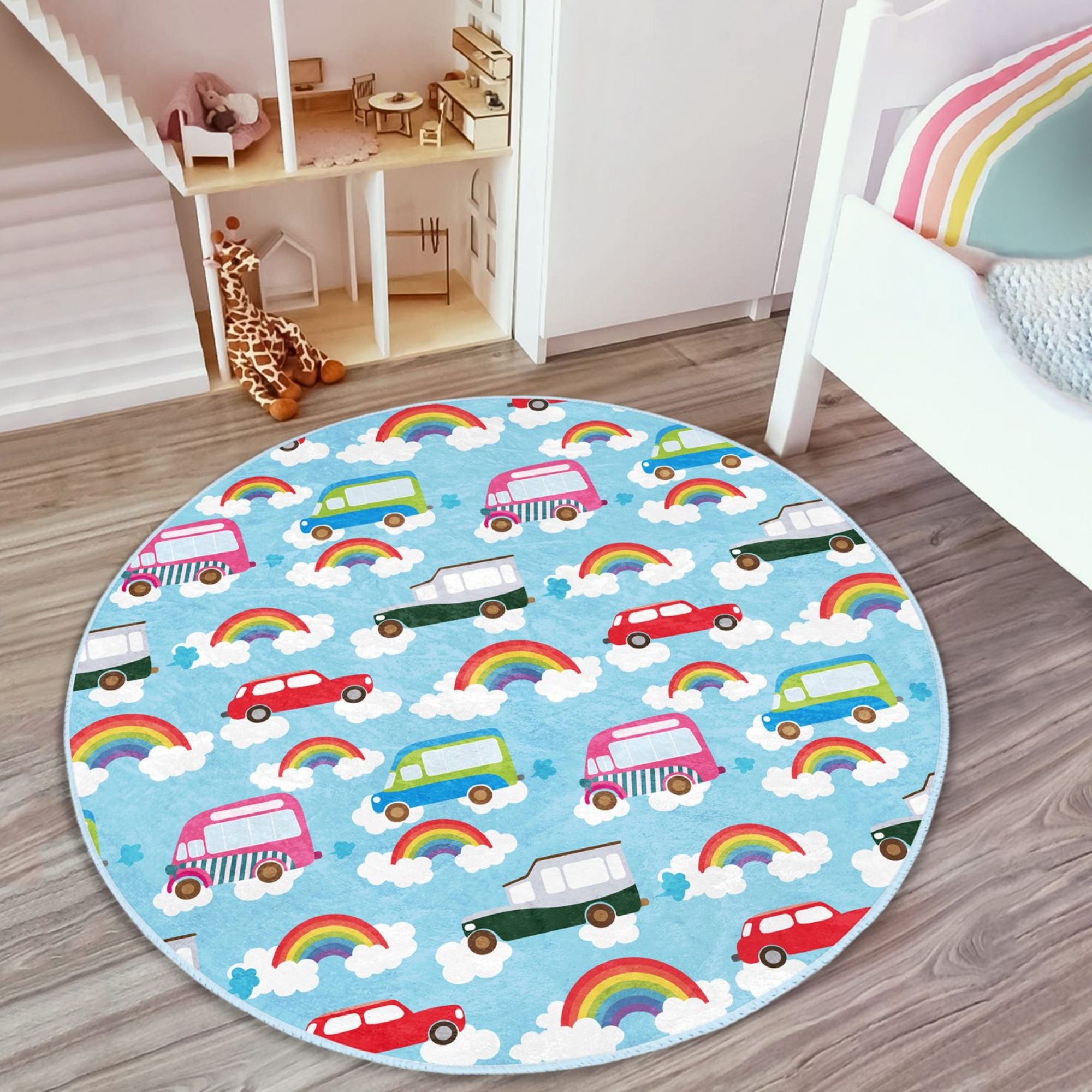 A vibrant blue round rug featuring colorful cars and rainbows, perfect for children's rooms, made from soft velvet fabric.