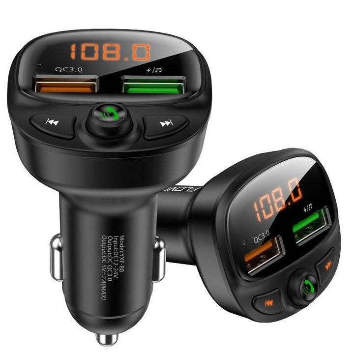 Car Bluetooth FM MP3 Transmitter with USB Quick Charger, featuring a sleek design and multiple ports for charging and audio streaming.