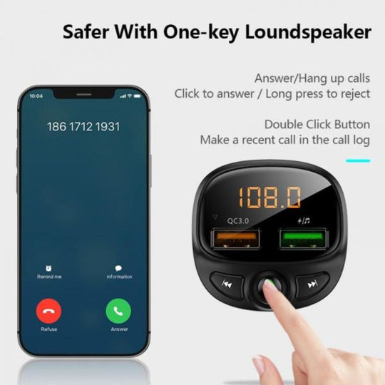 Car Bluetooth FM MP3 Transmitter with USB Quick Charger, featuring a sleek design and multiple ports for charging and audio streaming.