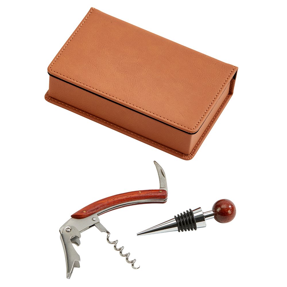 Caramel leatherette bar tool set featuring a corkscrew and bottle stopper in an elegant box.