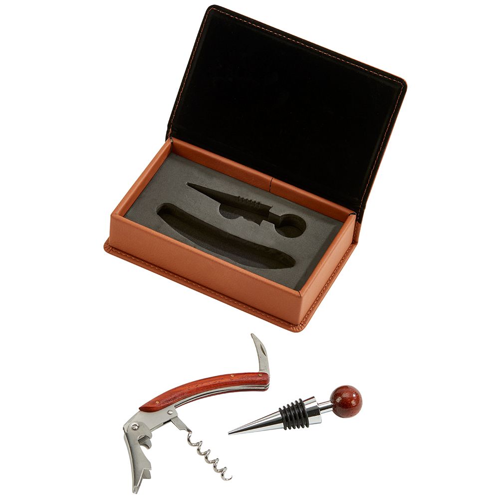 Caramel leatherette bar tool set featuring a corkscrew and bottle stopper in an elegant box.