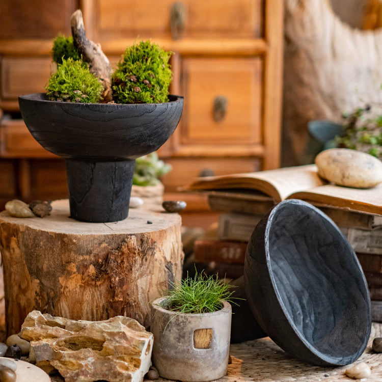 A stylish Carbonized Wood Footed Bowl with a fluted pedestal, showcasing a smoky charcoal color and intricate wood grain patterns.