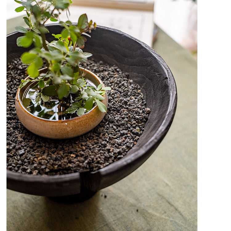 A stylish Carbonized Wood Footed Bowl with a fluted pedestal, showcasing a smoky charcoal color and intricate wood grain patterns.