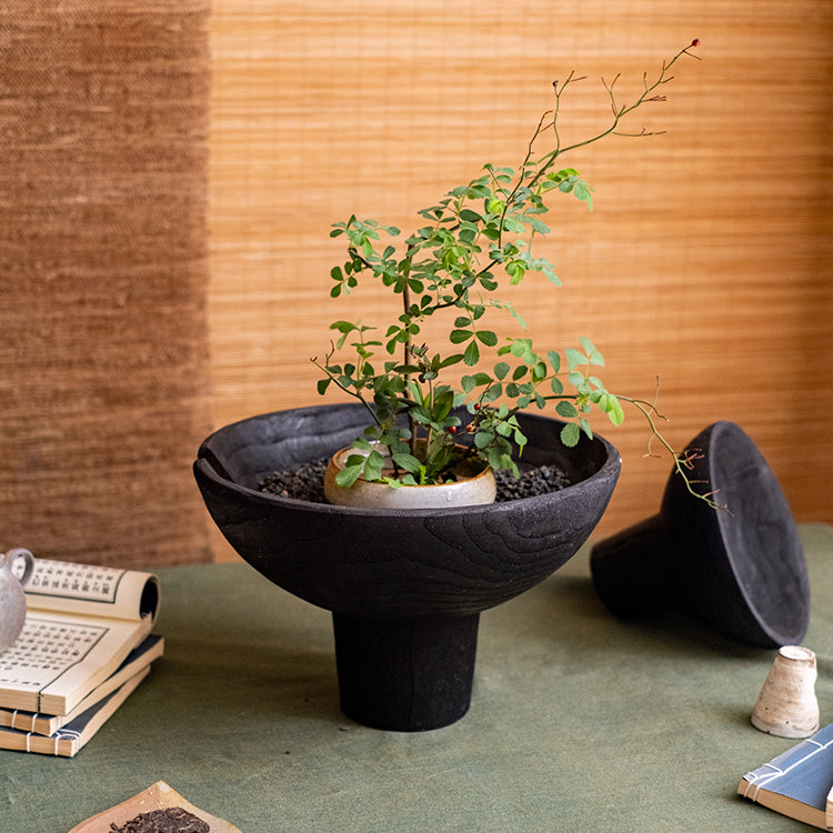 A stylish Carbonized Wood Footed Bowl with a fluted pedestal, showcasing a smoky charcoal color and intricate wood grain patterns.