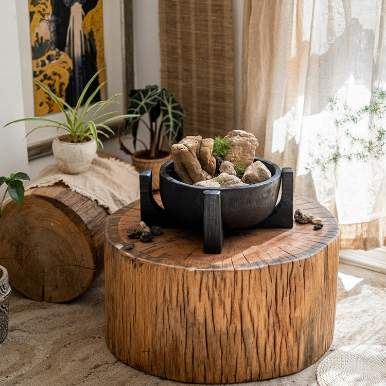 Carbonized wood plant bowl with stand, featuring a dark ashen black finish and minimalist design, ideal for decorative arrangements.