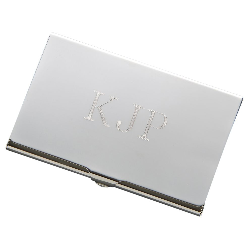 Elegant nickel-plated card case holding business cards, gift boxed with a black velveteen pouch.