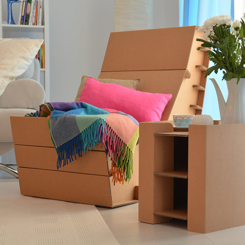 Set of two GLENDO cardboard armchairs showcasing modern design and eco-friendly materials, perfect for home or office use.