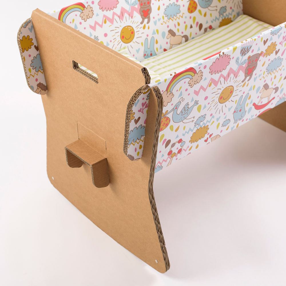 MINION Cardboard Baby Cradle with mattress, eco-friendly design, lightweight and practical for infants.