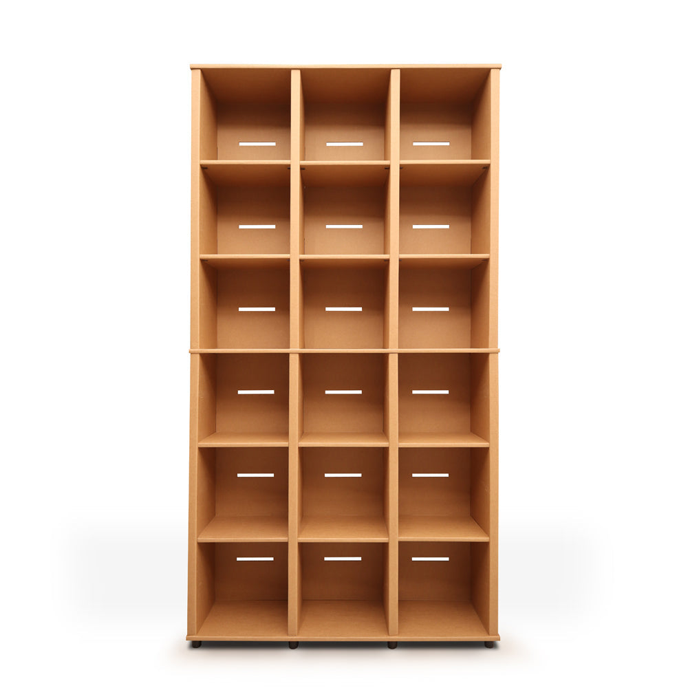 BIG DADDY Cardboard Bookcase with 18 drawers and natural finish, showcasing its spacious compartments and elegant design.