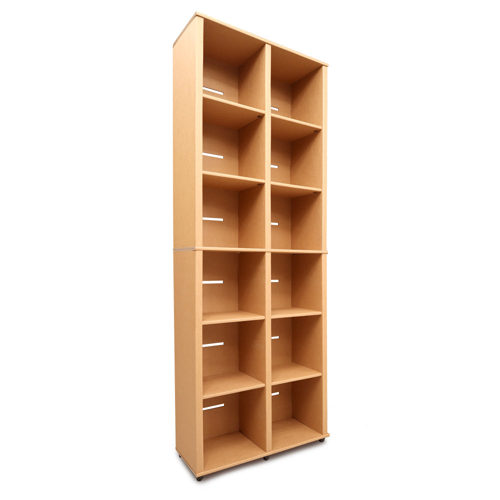 Cardboard Bookcase DOUBLE with 12 shelves, showcasing its modern design and customizable features.