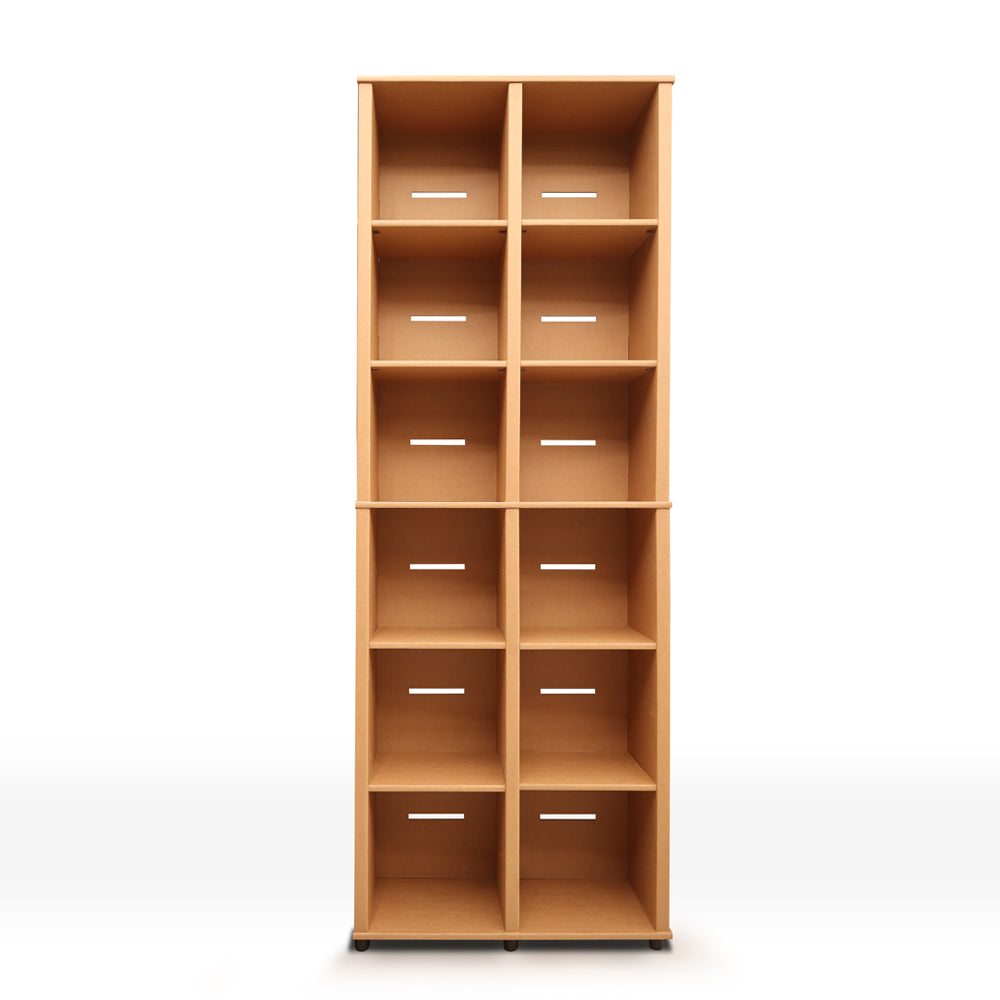 Cardboard Bookcase DOUBLE with 12 shelves, showcasing its modern design and customizable features.