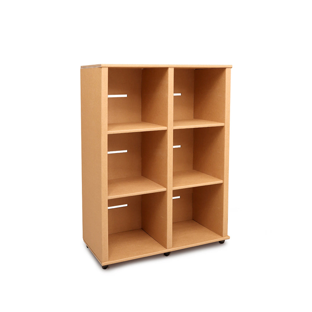 NEW WORLD Double Cardboard Bookcase in natural color with six shelves and customizable accessories.