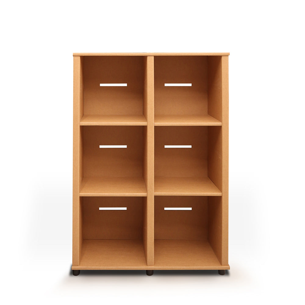 NEW WORLD Double Cardboard Bookcase in natural color with six shelves and customizable accessories.