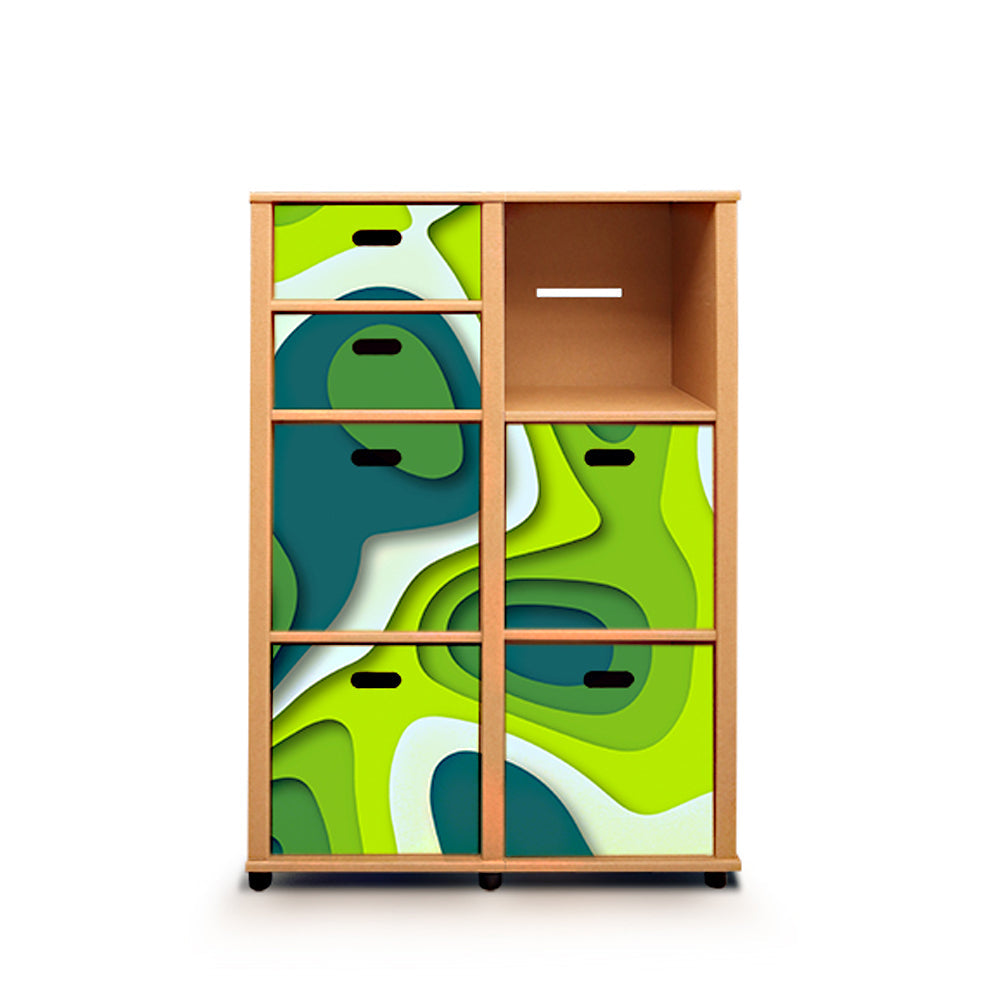 NEW WORLD Double Cardboard Bookcase in natural color with six shelves and customizable accessories.