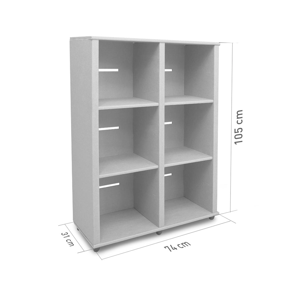 NEW WORLD Double Cardboard Bookcase in natural color with six shelves and customizable accessories.