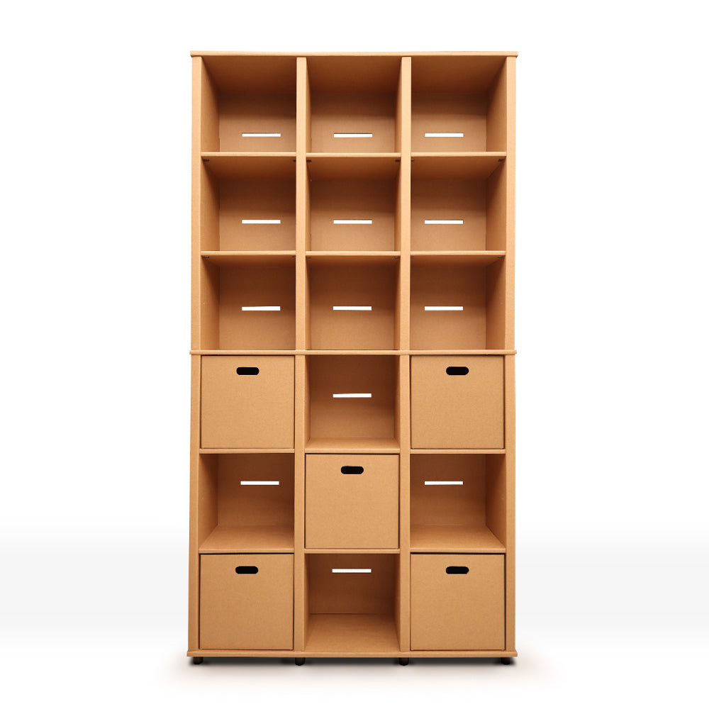 Cardboard Bookcase HARALD featuring 5 drawers in natural color, showcasing its stylish design and functional storage capabilities.