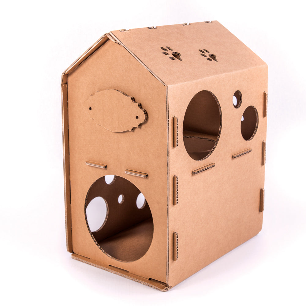 Cardboard Cat House SYLVESTER featuring a spacious design with multiple holes for play, made from eco-friendly corrugated cardboard.