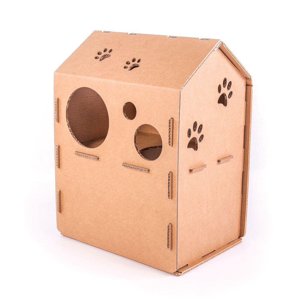 Cardboard Cat House SYLVESTER featuring a spacious design with multiple holes for play, made from eco-friendly corrugated cardboard.