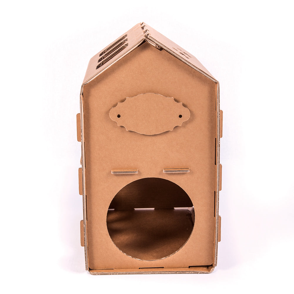 Cardboard Cat House SYLVESTER featuring a spacious design with multiple holes for play, made from eco-friendly corrugated cardboard.