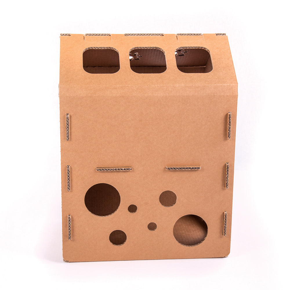 Cardboard Cat House SYLVESTER featuring a spacious design with multiple holes for play, made from eco-friendly corrugated cardboard.