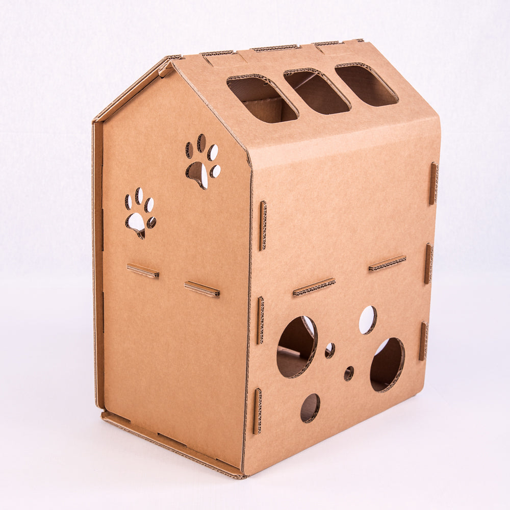 Cardboard Cat House SYLVESTER featuring a spacious design with multiple holes for play, made from eco-friendly corrugated cardboard.