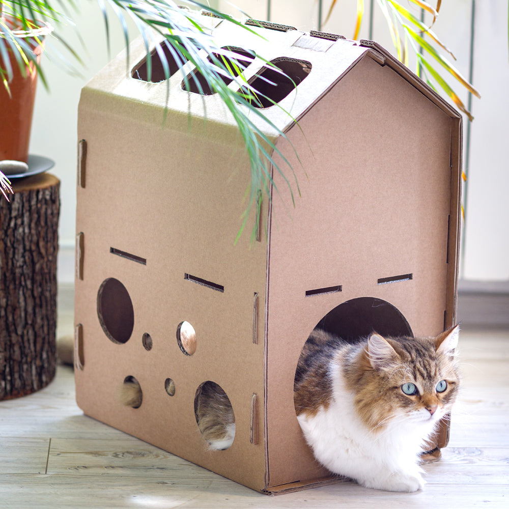 Cardboard Cat House SYLVESTER featuring a spacious design with multiple holes for play, made from eco-friendly corrugated cardboard.