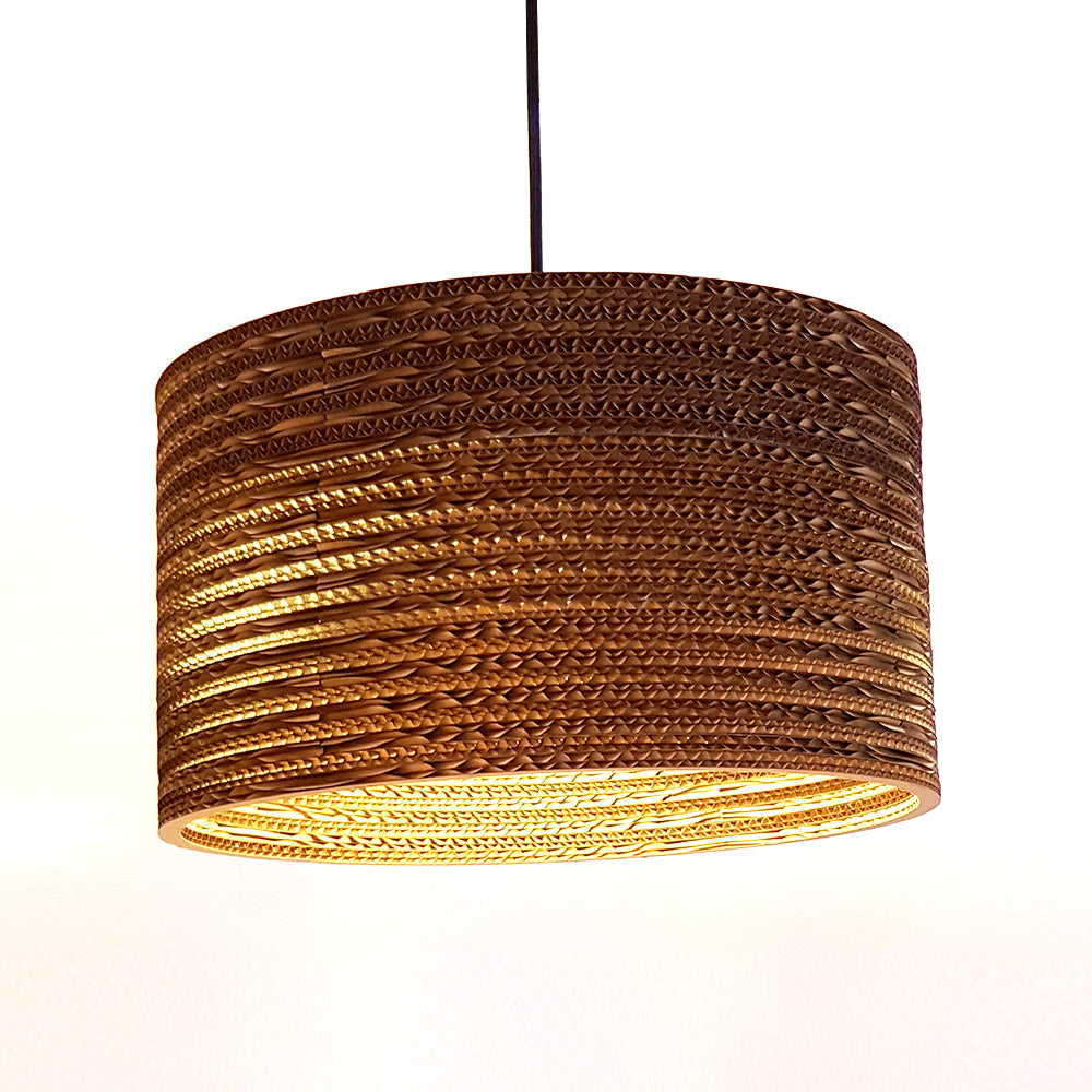 BIG cardboard ceiling lamp featuring a layered cylindrical design made from eco-friendly corrugated cardboard, suitable for E27 bulbs.