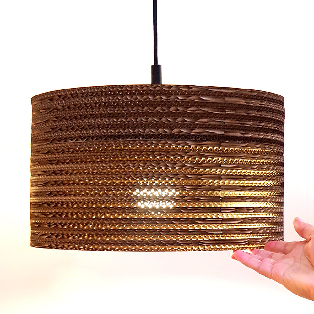 BIG cardboard ceiling lamp featuring a layered cylindrical design made from eco-friendly corrugated cardboard, suitable for E27 bulbs.