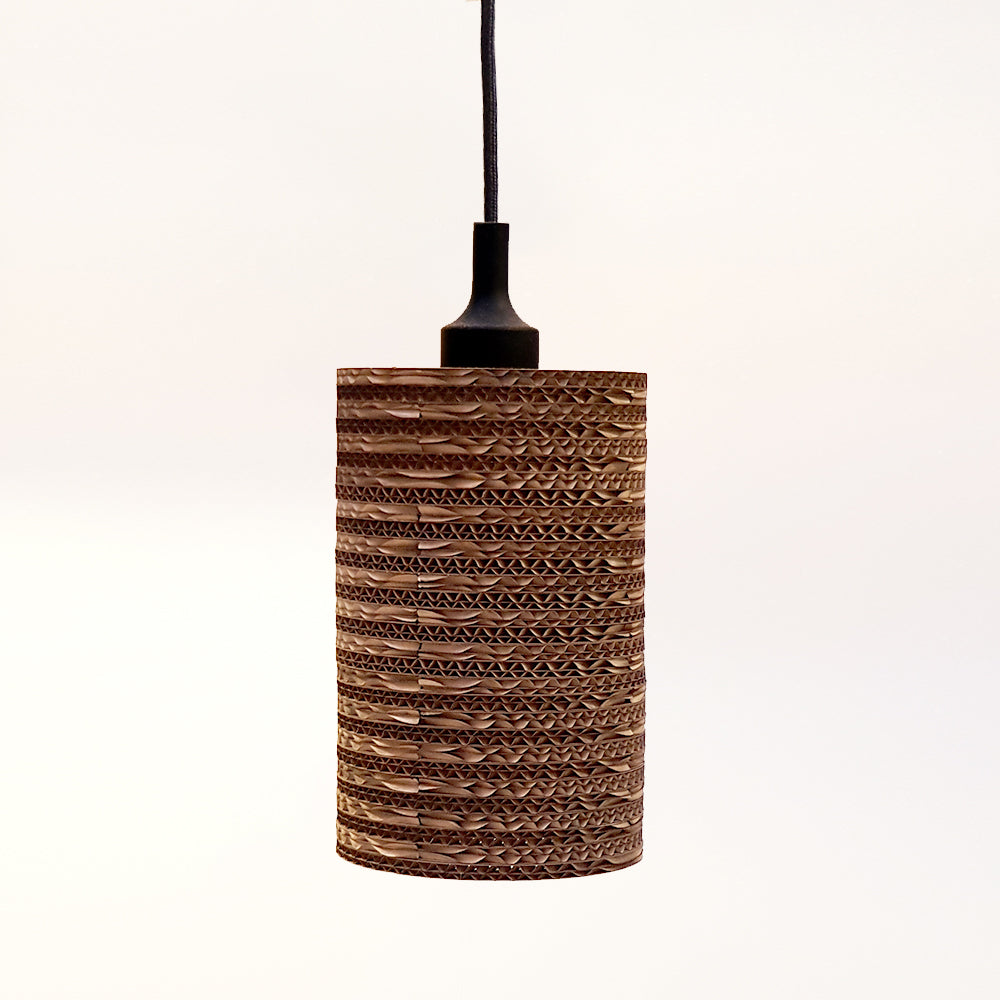 Cardboard Ceiling Lamp SMALL featuring a cylindrical design made from eco-friendly corrugated cardboard, showcasing its unique texture and E27 bulb fitting.