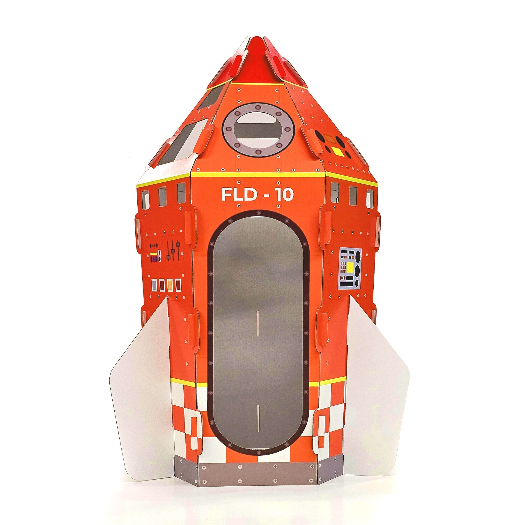 A vibrant red cardboard intergalactic space rocket for kids, standing 1.5 metres tall, designed for imaginative play and creativity.