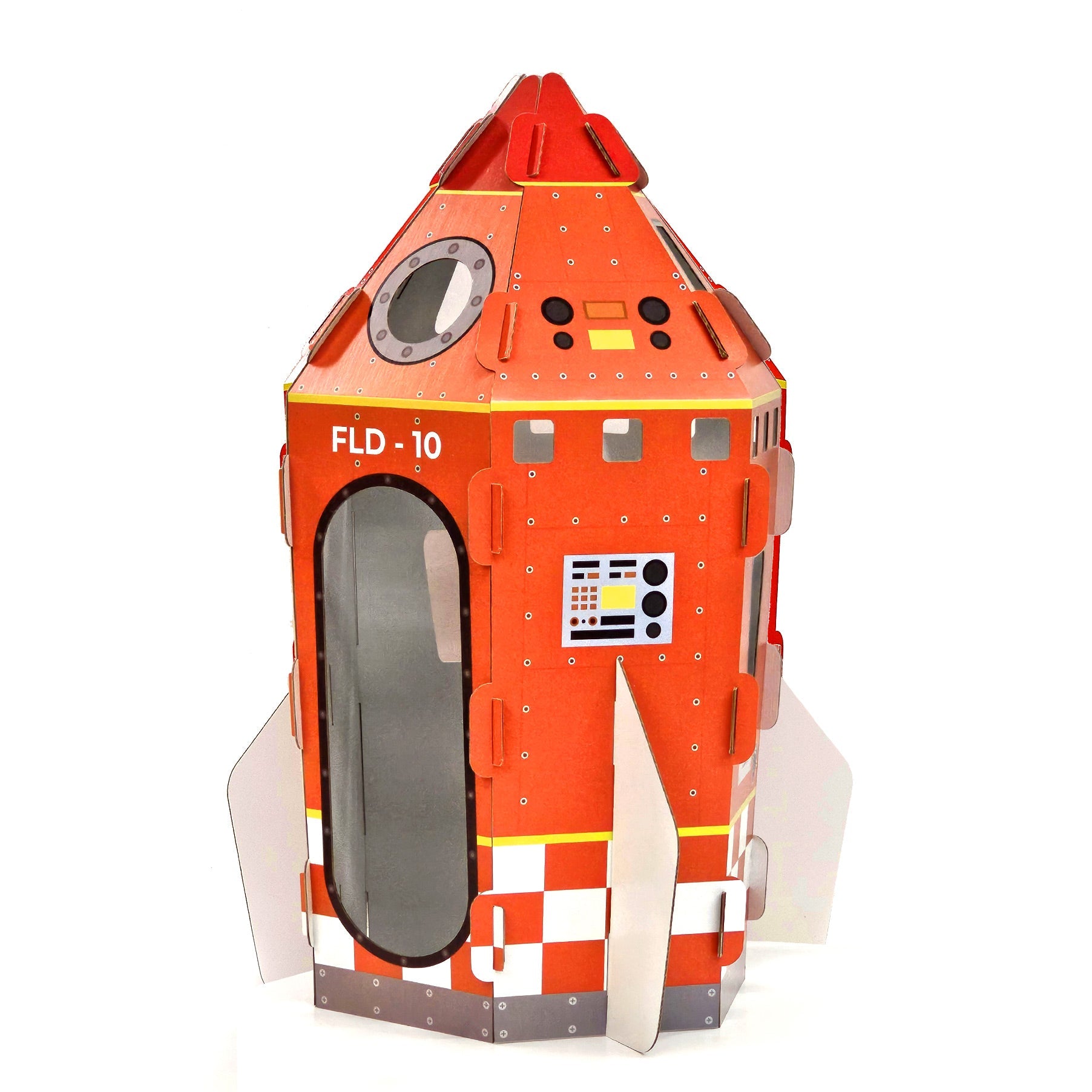 A vibrant red cardboard intergalactic space rocket for kids, standing 1.5 metres tall, designed for imaginative play and creativity.