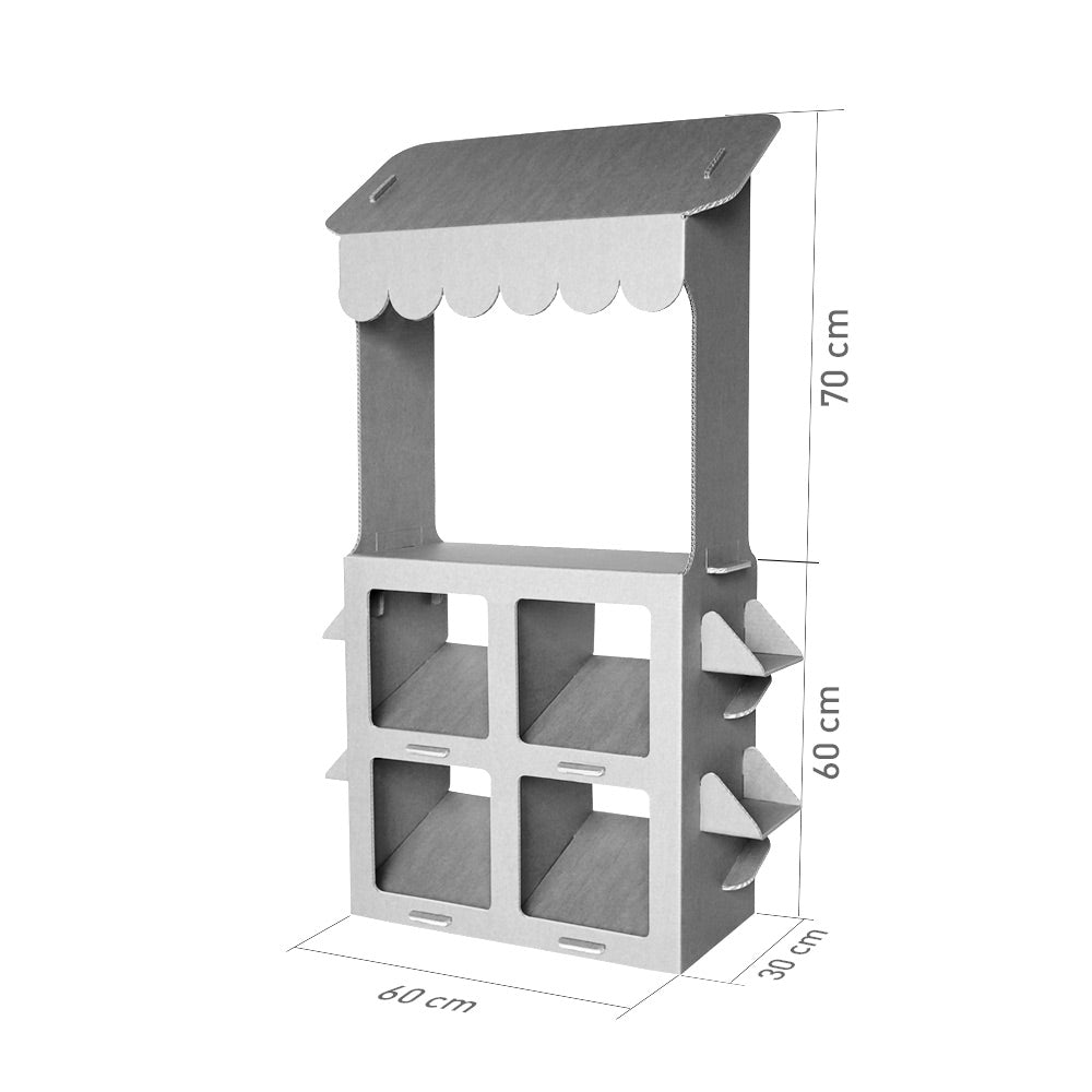 A colorful cardboard stand for kids featuring an awning and poles, designed for imaginative play and entrepreneurship.