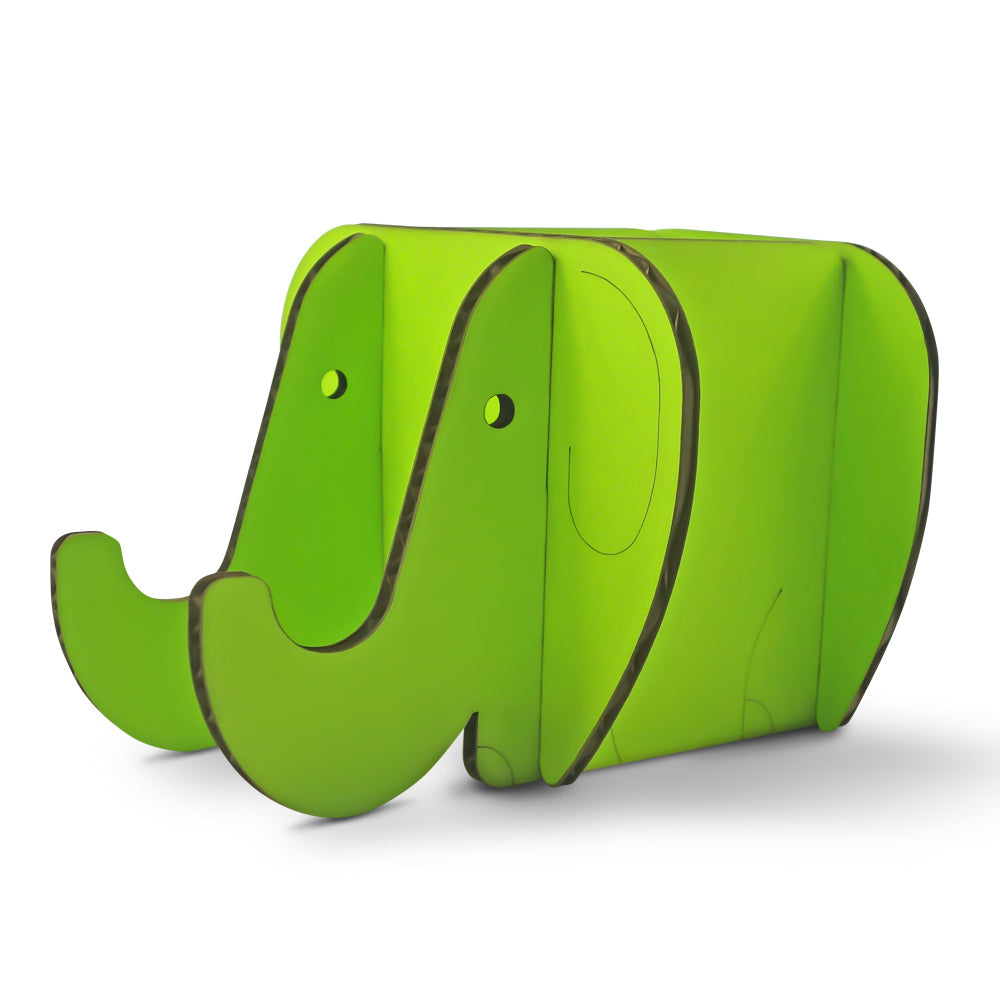 A colorful cardboard elephant table organiser designed for kids, featuring a long trunk for holding phones and a rectangular body for storing pens and cards.